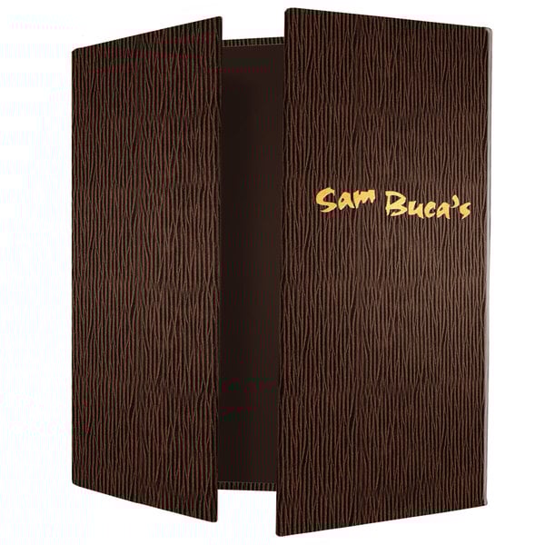 A brown Menu Solutions gatefold menu cover with customizable text.