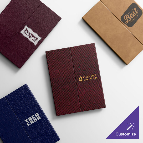 A collection of customizable gatefold style menu covers in various colors and textures, each featuring different restaurant logos.
