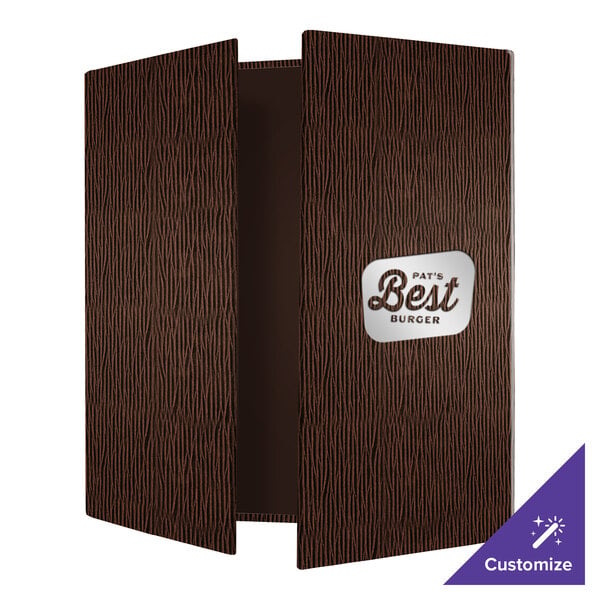 A brown, textured, gatefold-style menu cover with a metallic label on the front displaying the text 'Pat's Best Burger.'