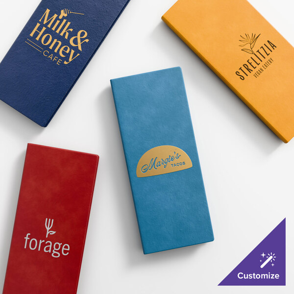 A set of four customizable triple panel booklet menu covers in blue, yellow, red, and blue with various restaurant logos.
