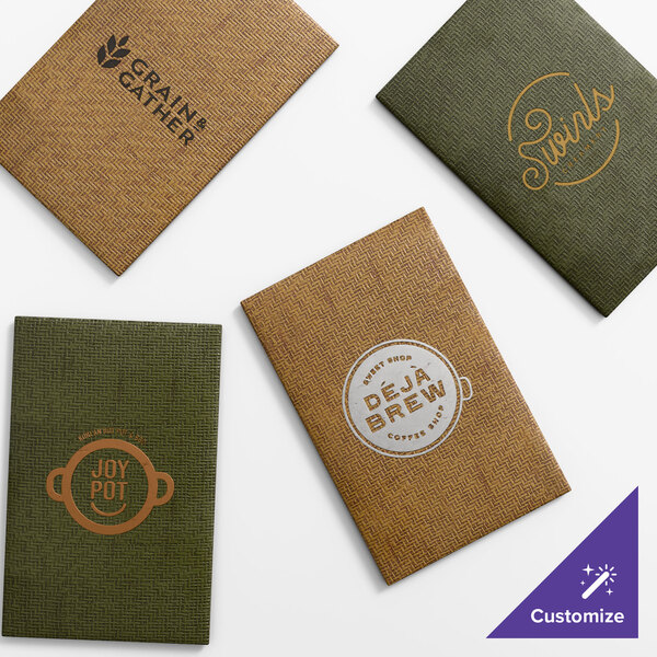 A set of four customizable wicker-patterned menu covers in green and brown tones, each featuring different logos and designs.