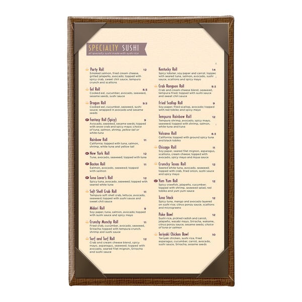A brown wicker-framed, single-view menu cover displaying a specialty sushi menu.