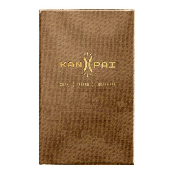 A brown customizable menu cover with a textured pattern and gold lettering.