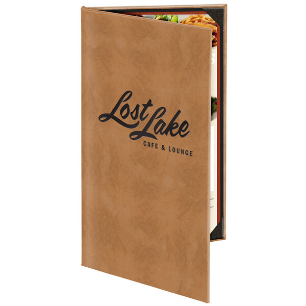 A brown Menu Solutions Kensington menu cover with black customizable text.