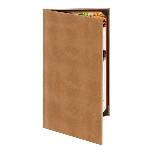 A tan, leather-like menu cover partially open to reveal a menu inside.