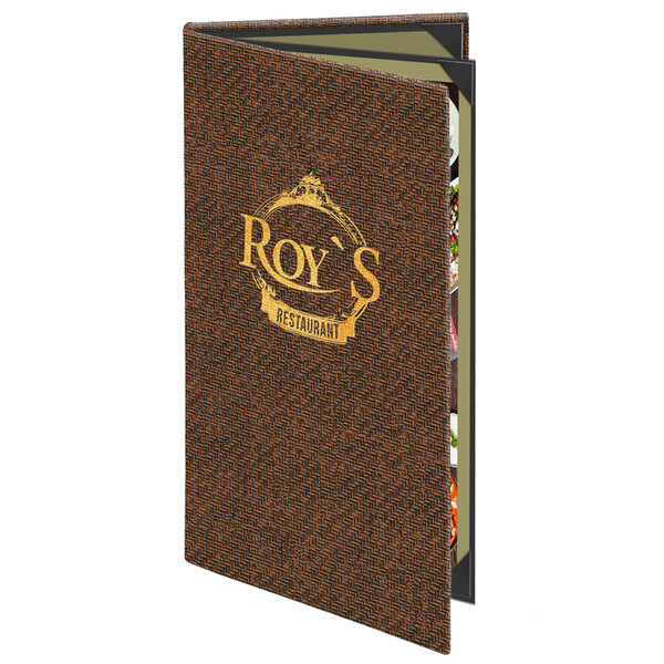 A brown Menu Solutions triple panel menu cover with gold text.