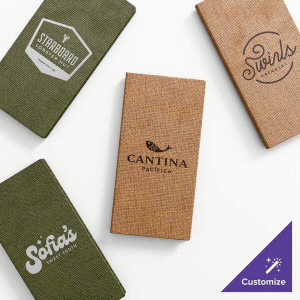 A set of customizable triple panel booklet menu covers in green and brown with various logos on the front.