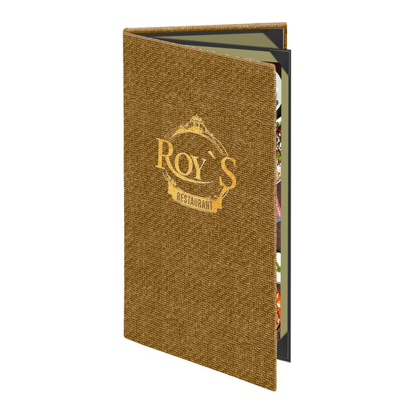 A brown textured triple panel menu cover with a customizable front, designed for restaurant use.