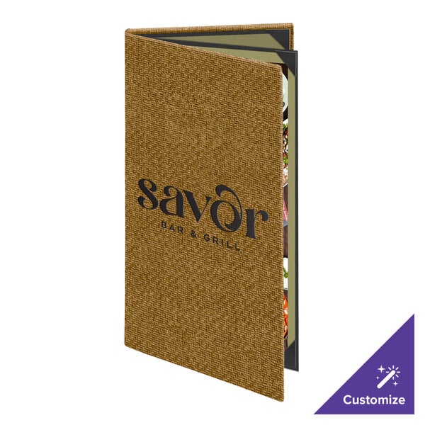 Menu Solutions WK140B Water Street Wicker 5 1/2" x 11" Customizable Triple Panel 4 View Booklet Menu Cover