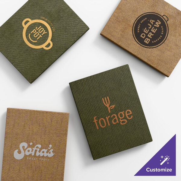 A set of four customizable wicker-textured menu covers in green and brown, each featuring different business logos and names.