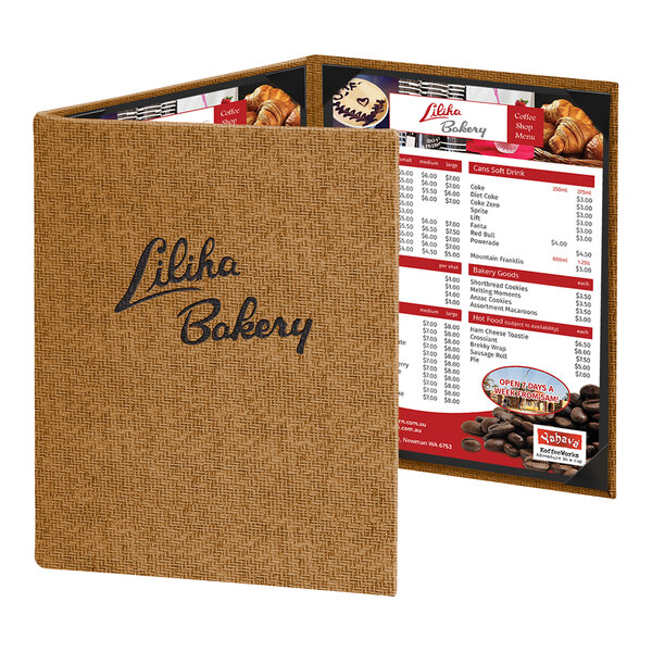 A brown textured three-panel menu cover with 'Lilka Bakery' printed on the front and a visible bakery menu inside.