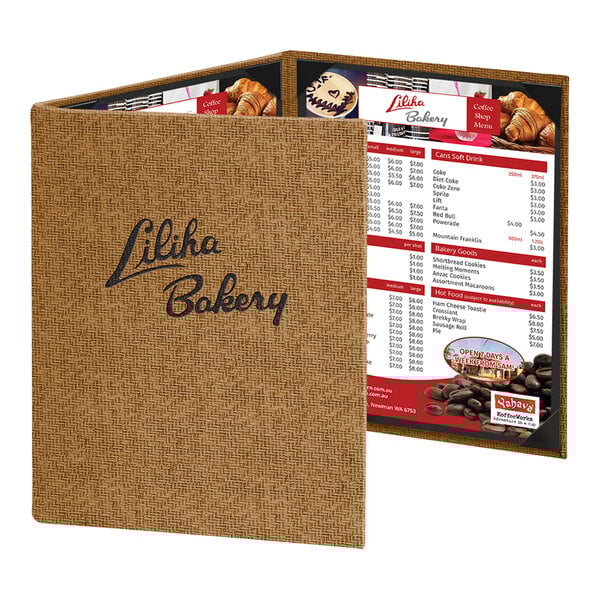 Menu Solutions WK130C Water Street Wicker 8 1/2" x 11" Customizable 3 View Continuous Menu Cover