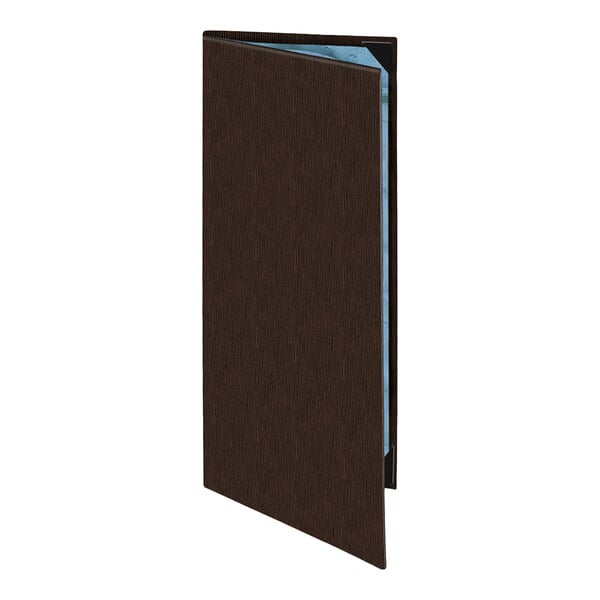 A tall, slim, dark brown menu cover with a textured appearance, shown partially open to reveal a light blue interior.