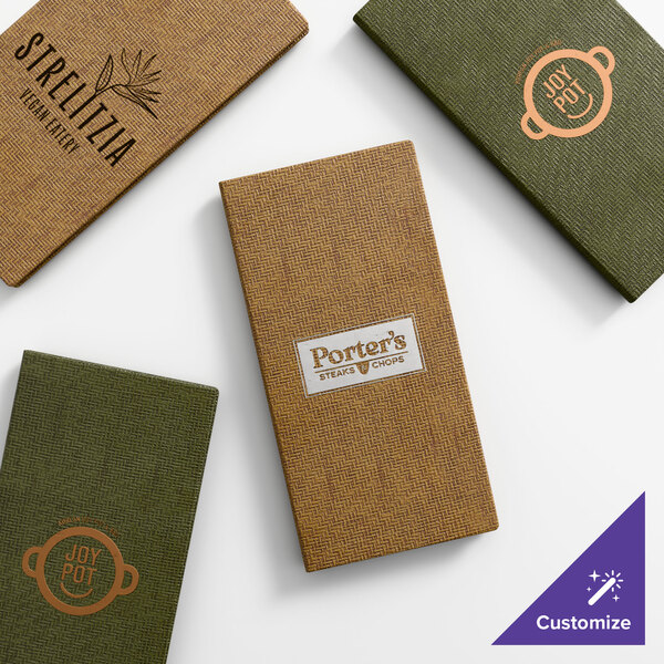 A set of customizable wicker-textured menu covers in green and brown colors, each featuring different restaurant logos.