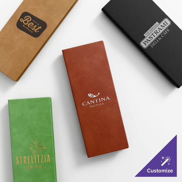 A set of four customizable quad panel booklet menu covers in various colors and restaurant branding.