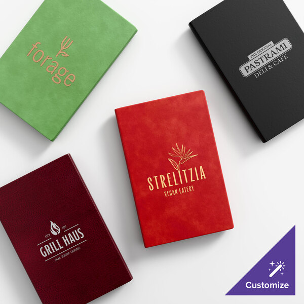 A selection of four customizable menu covers in various colors and designs.