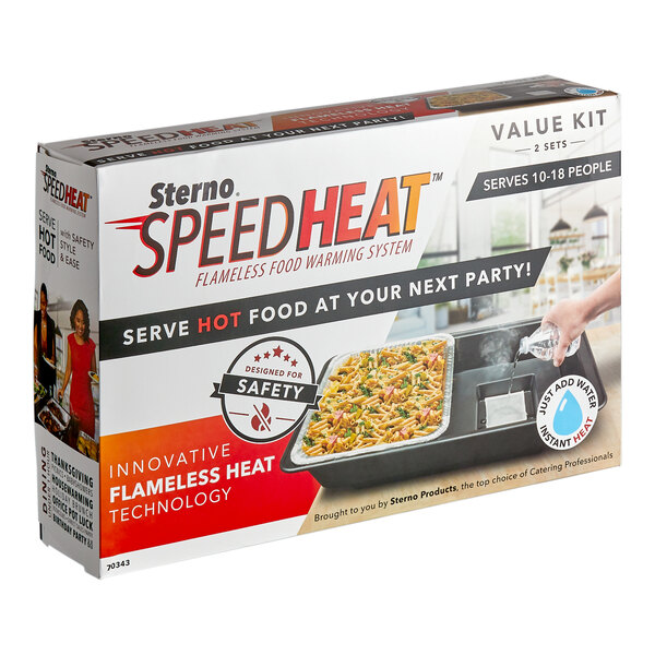A box labeled 'Sterno SpeedHeat Flameless Food Warming System Value Kit' featuring images of a food warming tray and serving utensils, with text highlighting its flameless heat technology and suitability for serving 10-18 people.