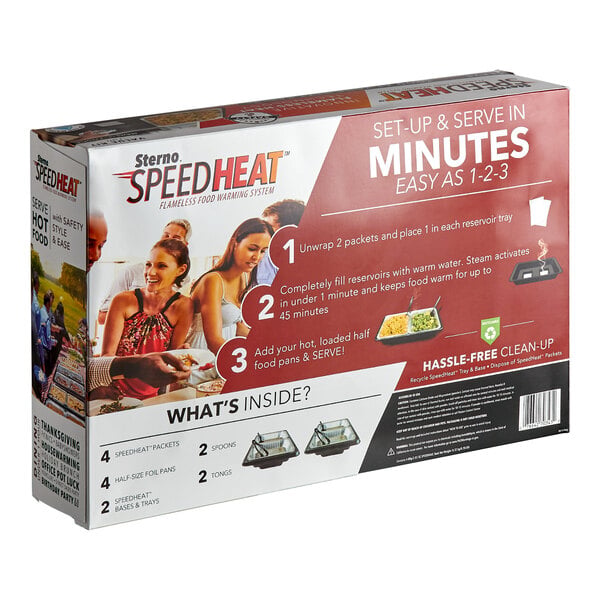 A boxed kit labeled 'Sterno SpeedHeat Flameless Food Warming System' with images of people serving food, and a list of included items such as packets, foil pans, bases, trays, spoons, and tongs.