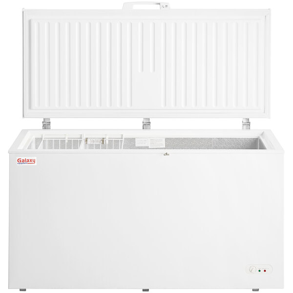 A white Galaxy commercial chest freezer with its lid open.