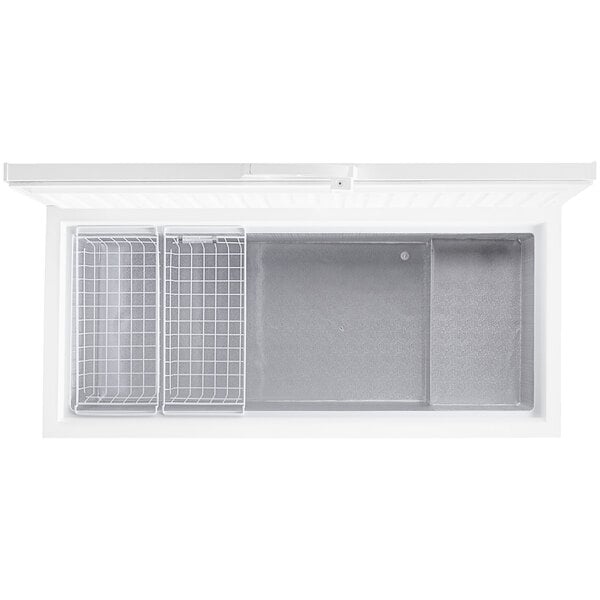 A white rectangular Galaxy commercial chest freezer with a black handle.