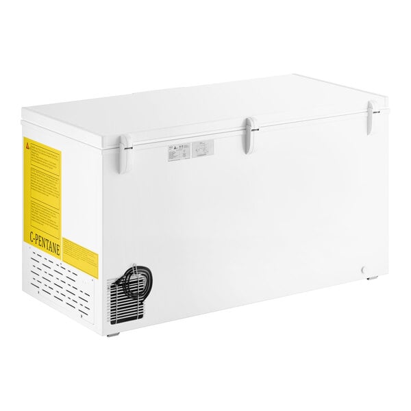 A large white commercial chest freezer with a solid lid and side ventilation panel.