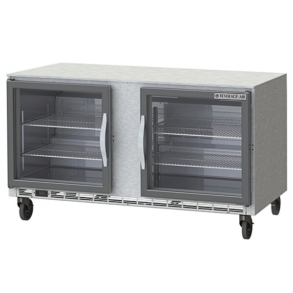A Beverage-Air undercounter refrigerator with glass doors on wheels.
