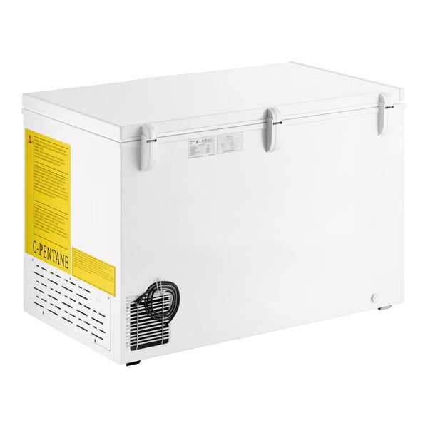 A white commercial chest freezer with a 12.7 cubic foot capacity.