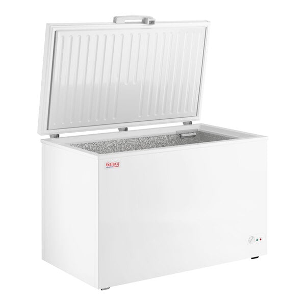 A white commercial chest freezer with an open top lid and a 12.7 cubic foot capacity.