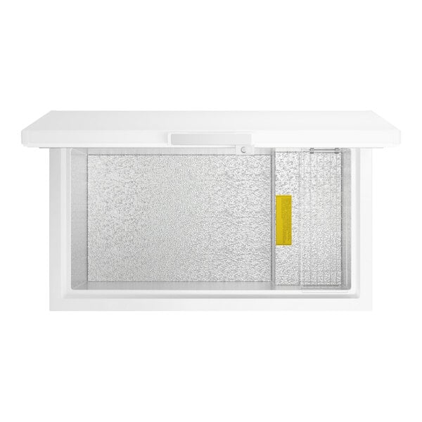 A white commercial chest freezer with a sliding glass lid and a 12.7 cubic foot capacity.
