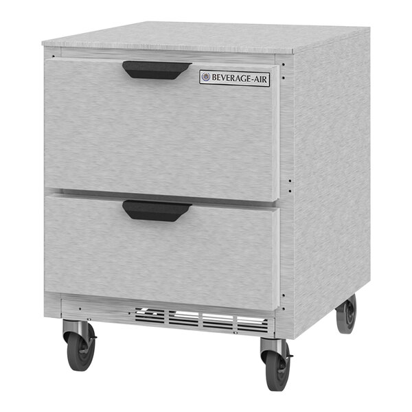 A gray Beverage-Air undercounter refrigerator with two drawers.