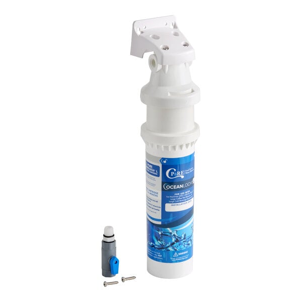 A water filtration system with a white and blue cartridge, a small valve, and two screws.