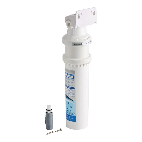 A water filtration system with a white cylindrical filter cartridge, a mounting bracket, a small connector, and two screws.