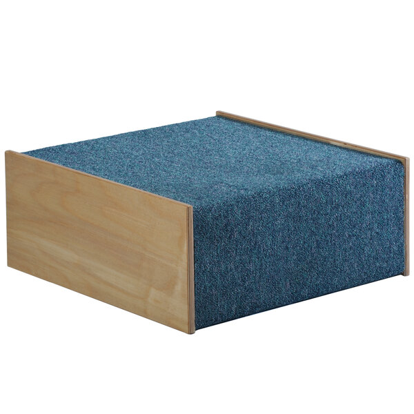 A blue square carpeted platform with a wooden frame.