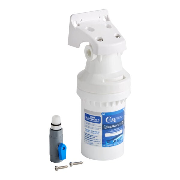 A water filtration system with a white cartridge, mounting bracket, valve, and screws.