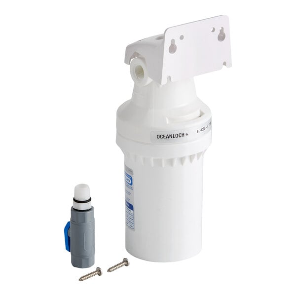 A white water filtration system with a cartridge, a small gray valve, and two screws.