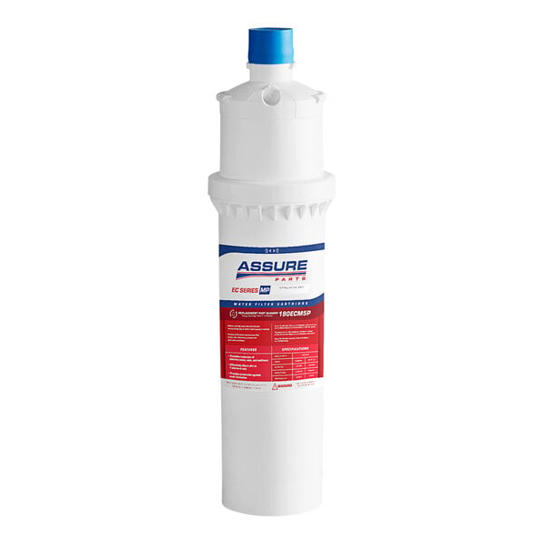 A white Assure Parts water filter cartridge with a blue label.