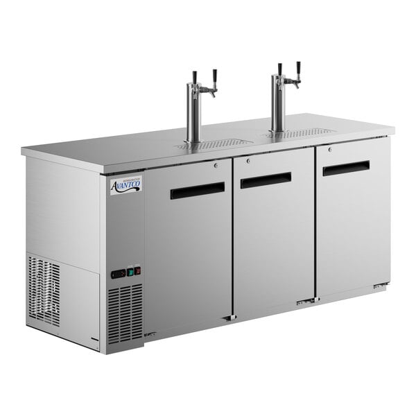 A stainless steel Avantco beer dispenser with two double taps.