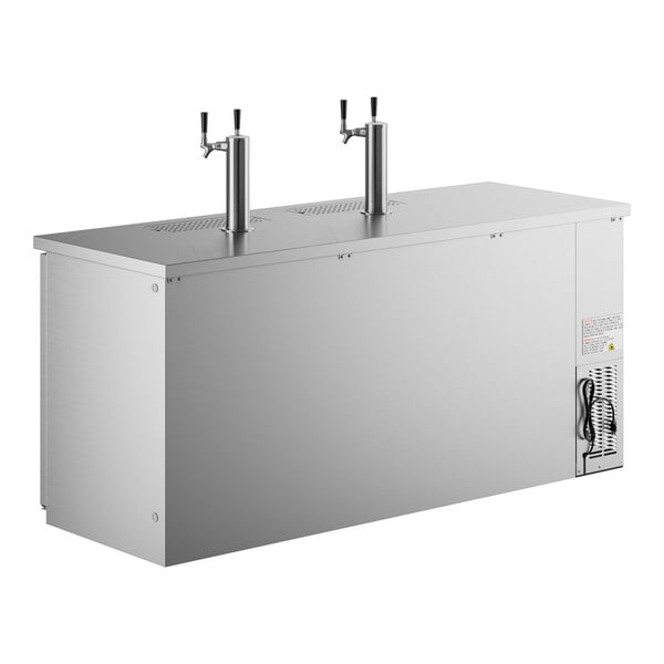 A large stainless steel Avantco beer dispenser with two double tap towers.