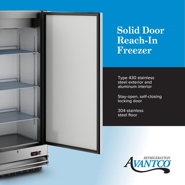 Graphic highlighting solid door freezer features, including stainless steel and 3 shelves.