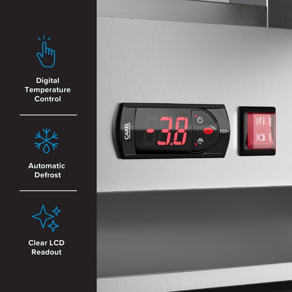 Graphic highlighting freezer digital temperature control, automatic defrost, and LCD readout.