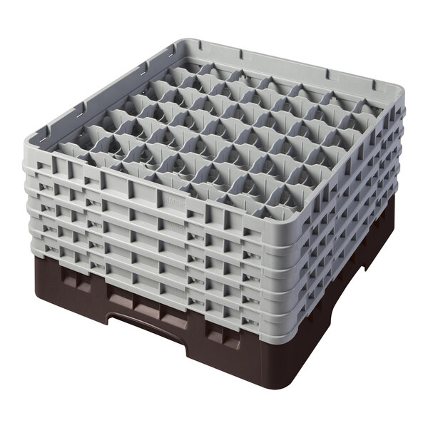 A brown plastic Cambro glass rack with 5 extenders.