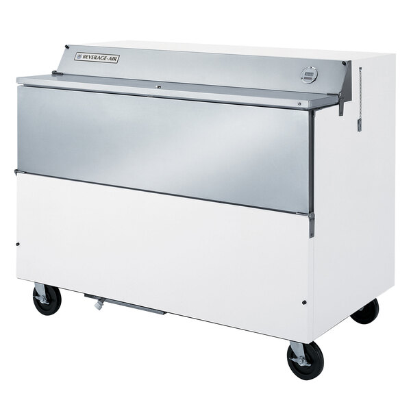 A white Beverage-Air milk cooler with a stainless steel interior on wheels.