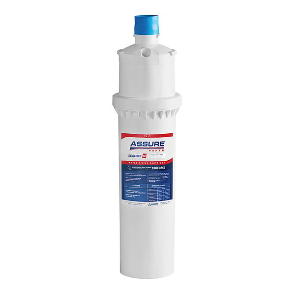 A white Assure Parts water filter cartridge with a red and blue label.