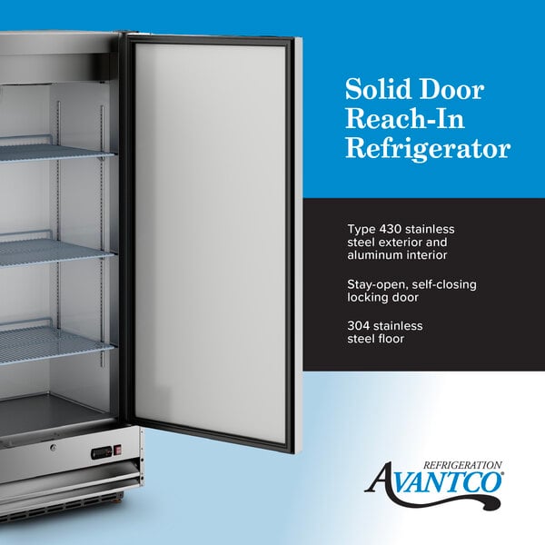 Graphic highlighting solid door refrigerator features, including stainless steel and 3 shelves.