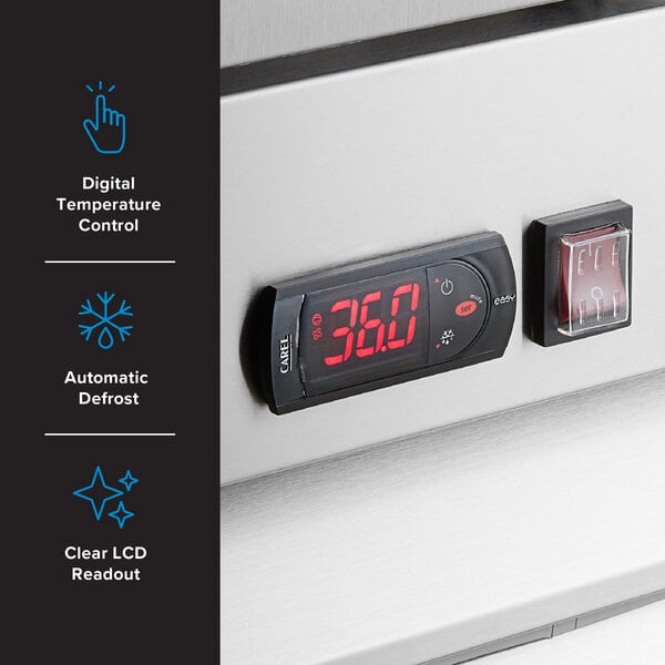 Graphic highlighting refrigerator digital temperature control, auto defrost, and LCD readout.