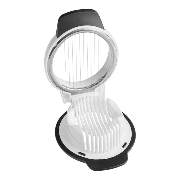 An OXO white and black plastic egg slicer.