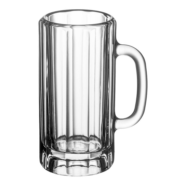 A case of 12 clear glass Libbey beer mugs with a handle.