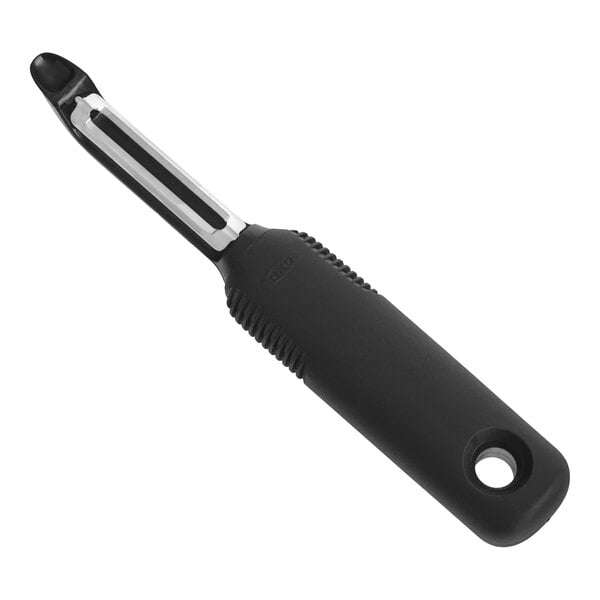 A black-handled OXO Good Grips 7-inch straight vegetable peeler with a stainless steel blade.