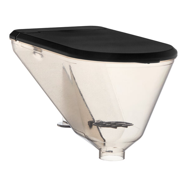A clear plastic funnel with a black lid, the Bunn 3 lb. Coffee Grinder Hopper.