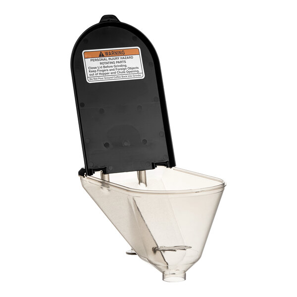 A clear plastic container with a black lid and a label for a Bunn coffee grinder.